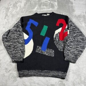 Vintage Colorblock Sweater Mens Large Geometric Abstract Numbers 80s 90s‎ AOP